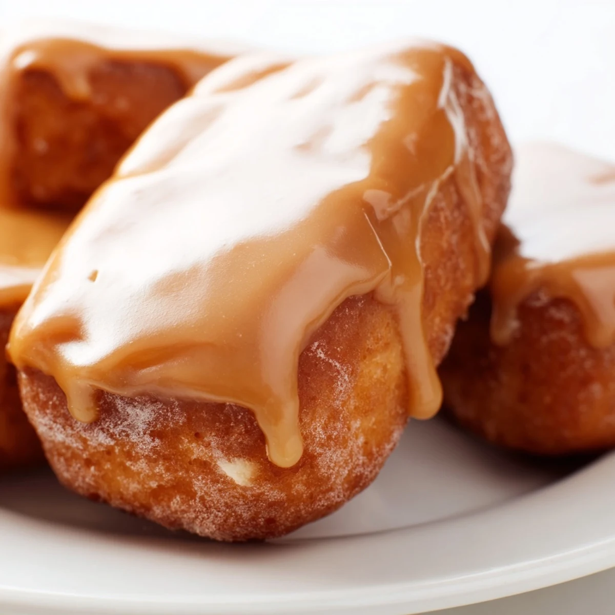 Freshly glazed Maple Donut Bars stacked on a wire rack, showing soft, pillowy interiors. 