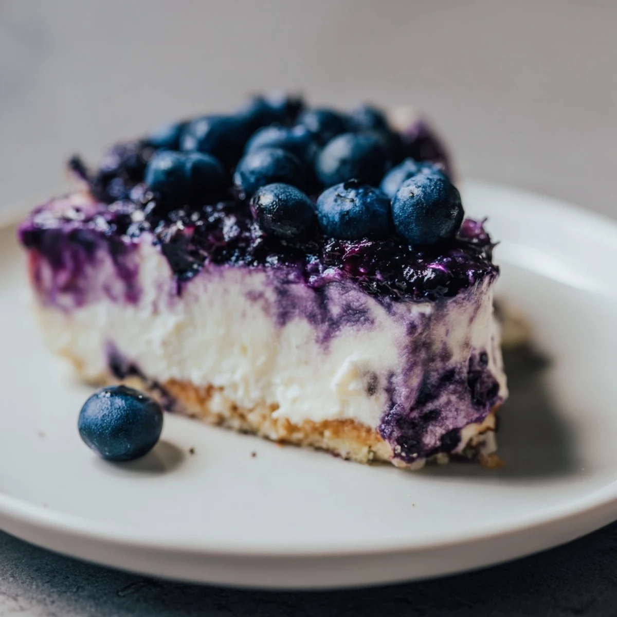 A slice of Blueberry Mousse Cheesecake showcases a creamy, no-bake filling and a vibrant berry topping.
