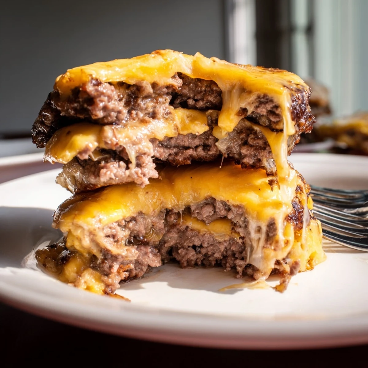 Close-up of a bunless Flying Dutchman Burger with seared beef patties, melted cheddar, and fresh pickles on a plate.