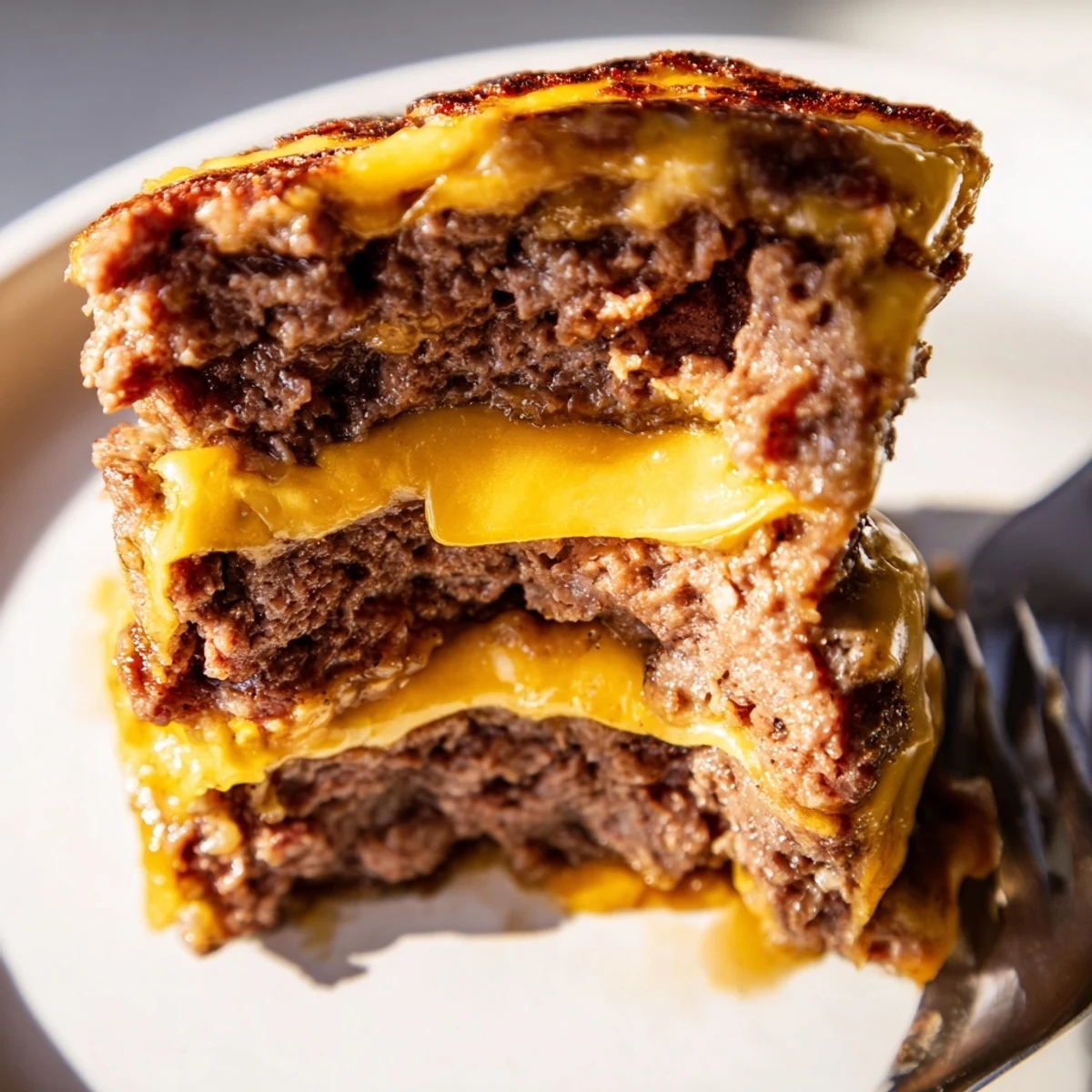 A close-up of a Flying Dutchman Burger with melted cheese dripping, served alongside golden fries on a rustic plate.