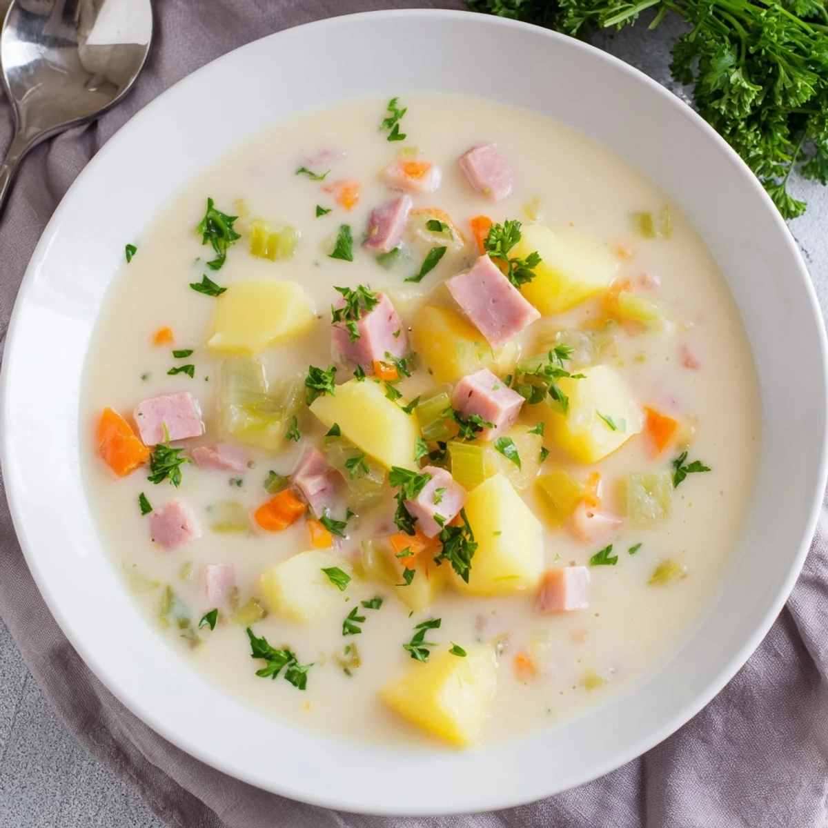 A warm bowl of Light Ham & Potato Chowder with creamy broth, tender potatoes, and diced ham, garnished with fresh parsley for a comforting meal.