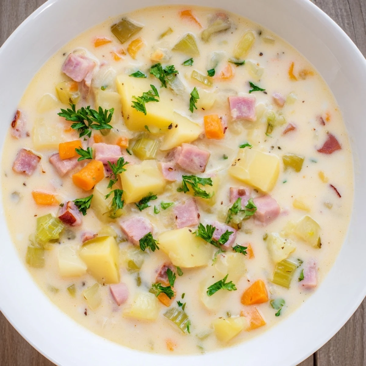 Light Ham & Potato Chowder is served steaming in a rustic bowl, featuring sweet carrots, celery, and ham in a velvety low-fat soup.