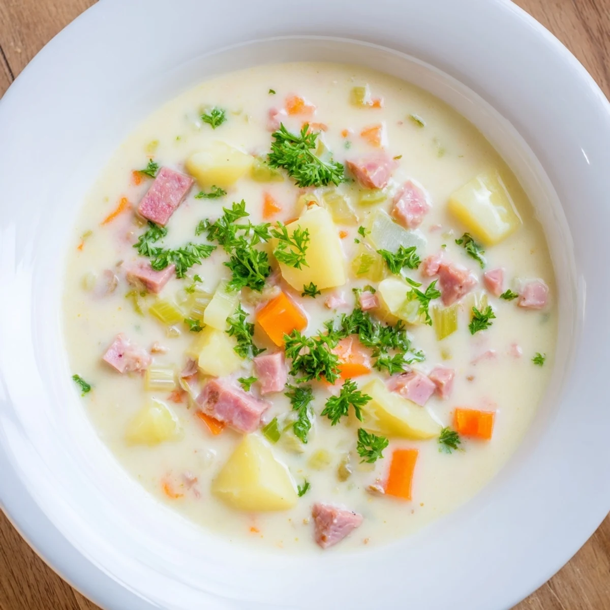 Enjoy Light Ham & Potato Chowder as a cozy main dish, with golden potatoes and lean ham in a light, creamy American-style soup.