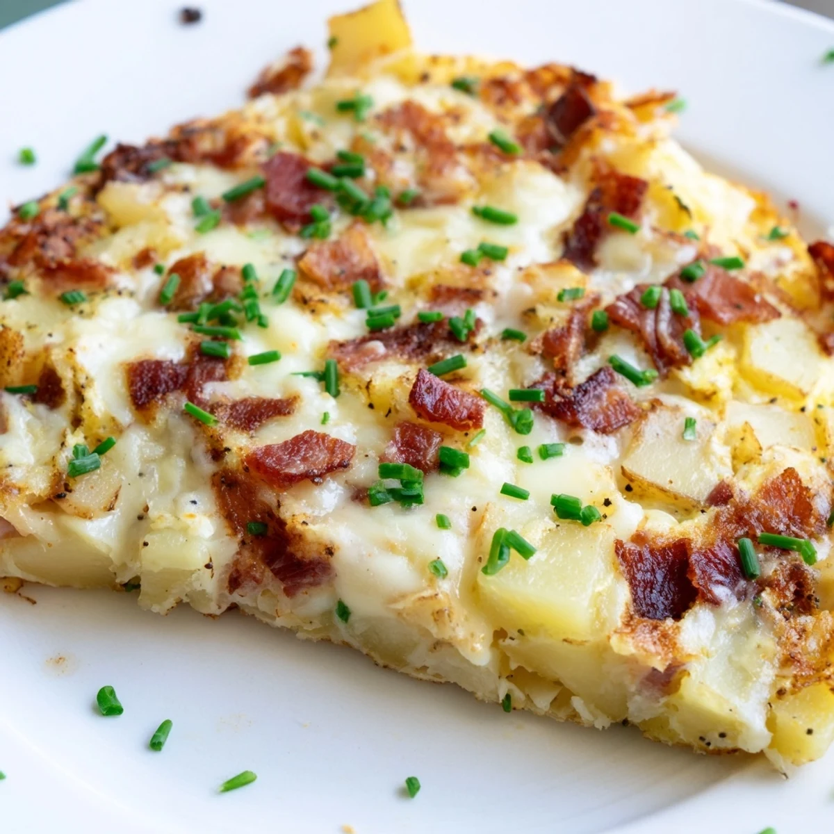 Slices of Bacon Potato Frittata show golden potatoes and fluffy eggs, garnished with fresh chives for brunch.