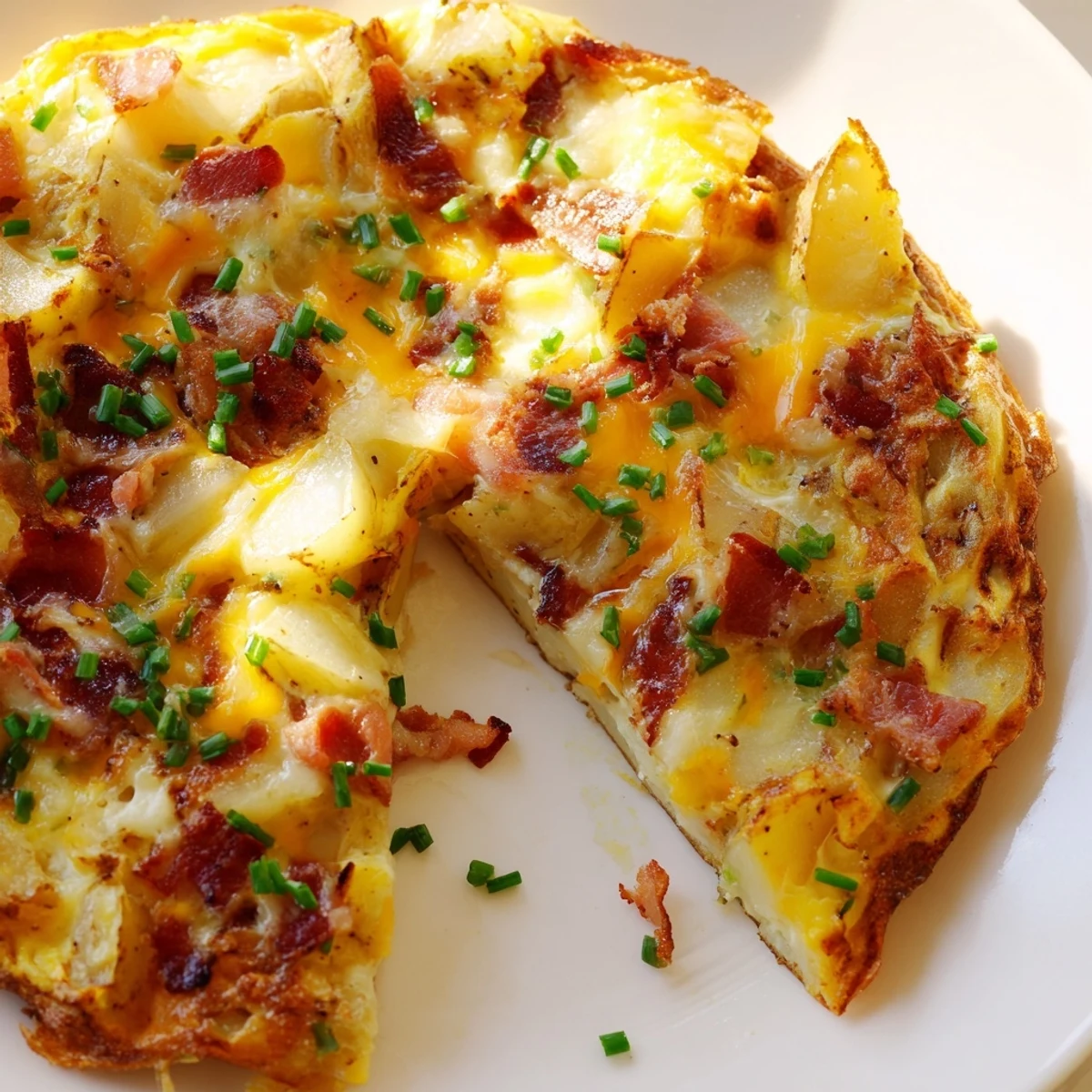 A close-up of a warm Bacon Potato Frittata with melted Gruyère and crispy bacon crumbles on a white plate.