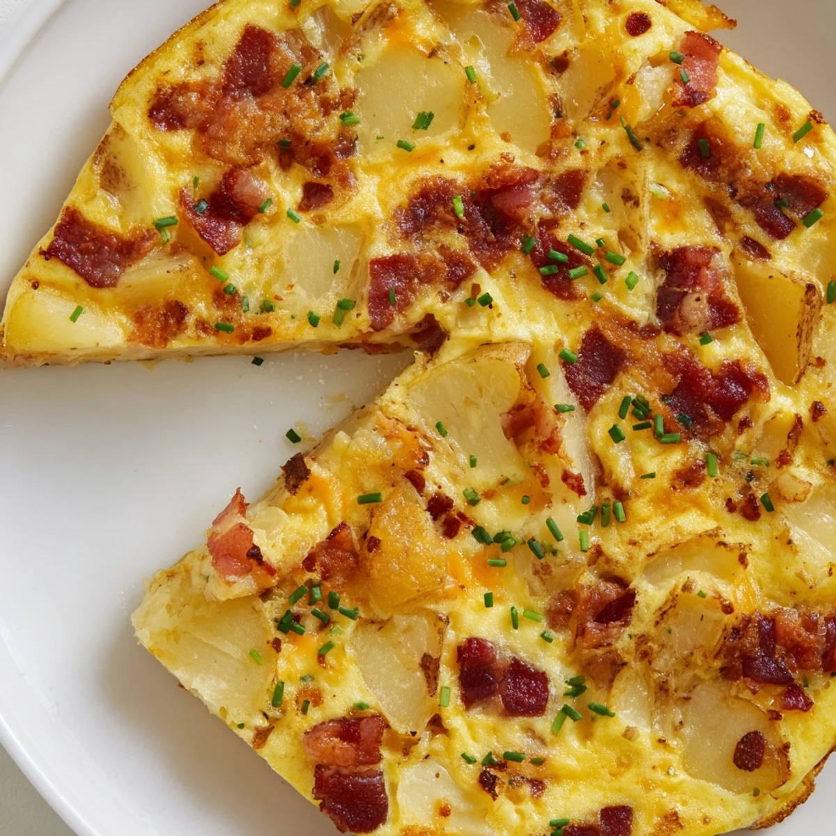 A rustic cast-iron skillet holds a freshly baked Bacon Potato Frittata, ready to be sliced and served.