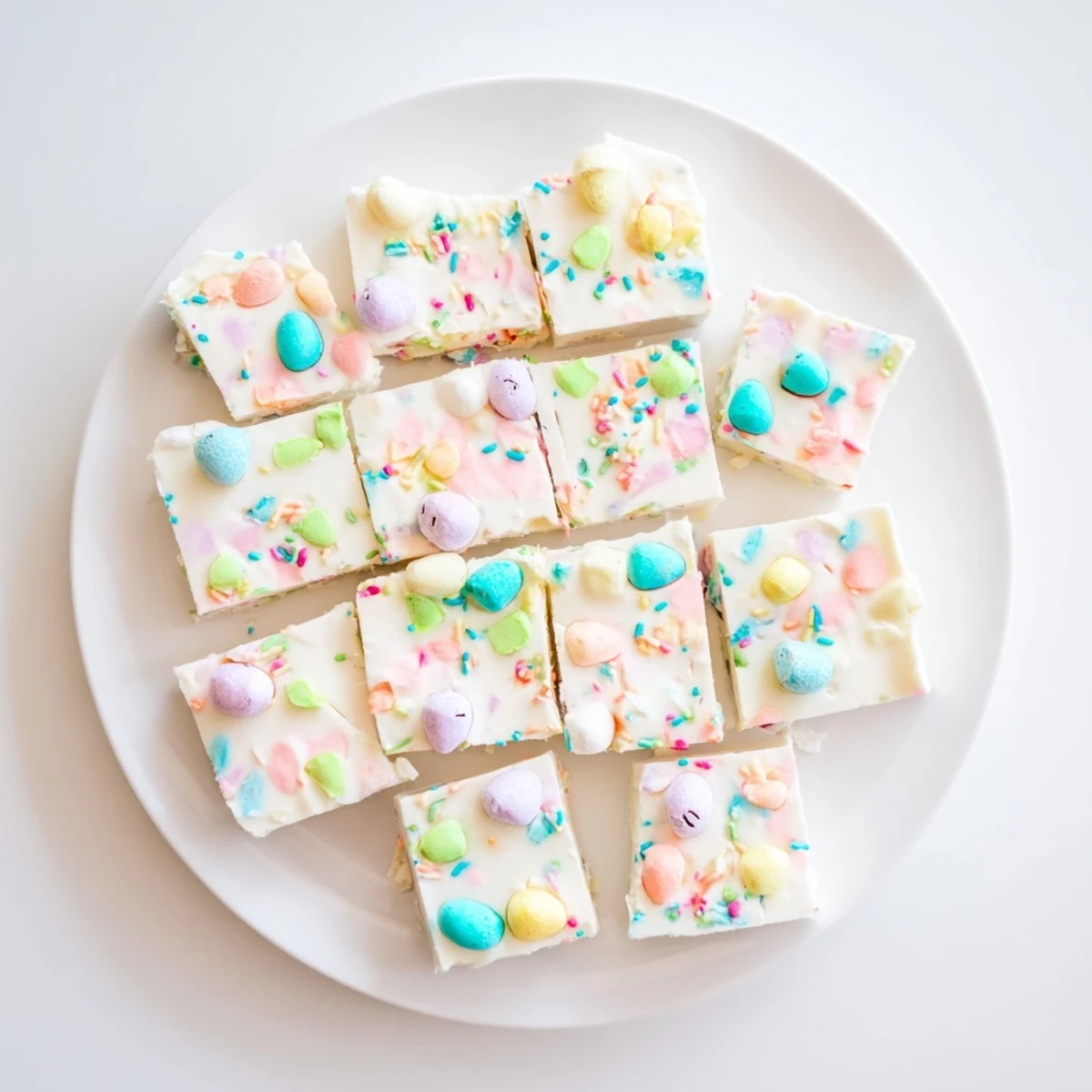 A square of creamy Easter Fudge topped with colorful pastel candy eggs, served on a white plate for spring celebrations.