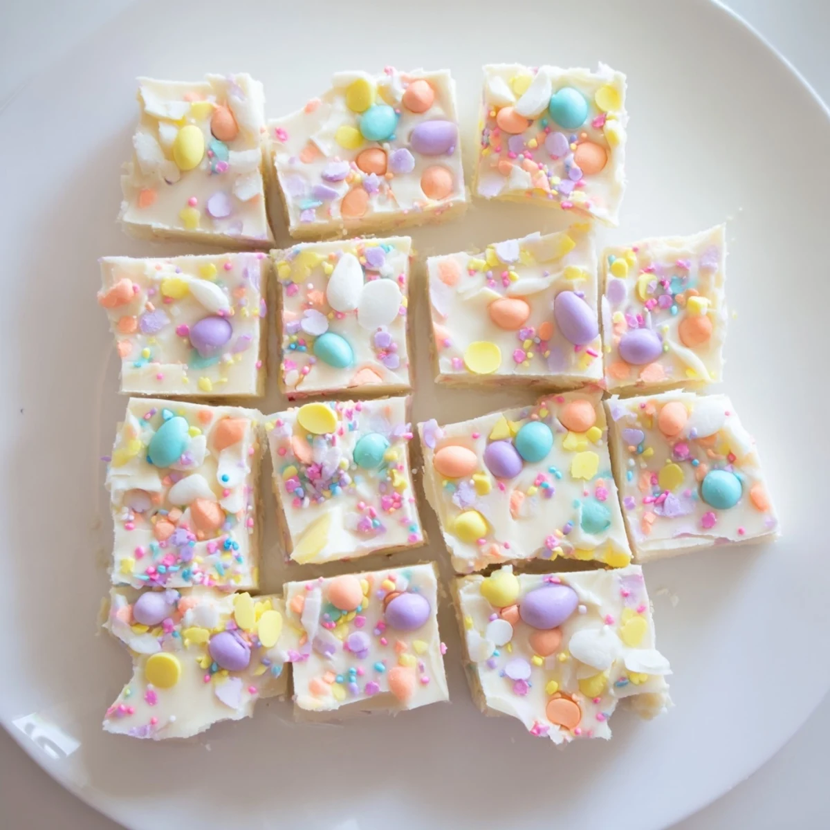 Homemade Easter Fudge with a glossy white chocolate base and a sprinkle of pastel candies, stacked neatly on a dessert tray.