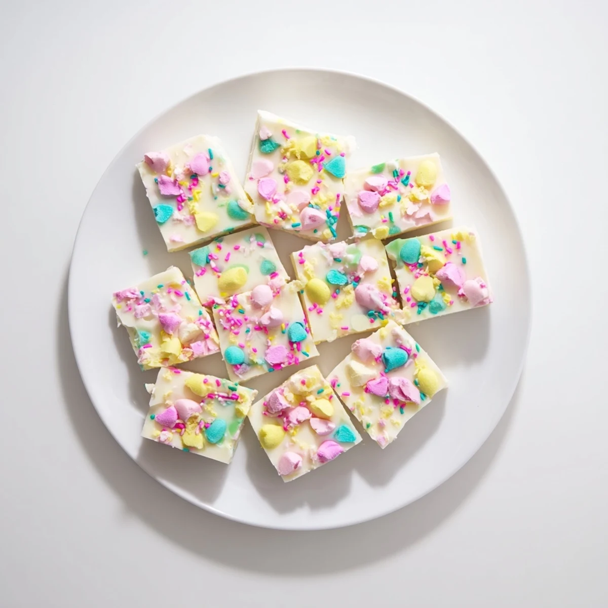 Easy American Easter Fudge cut into neat squares, garnished with mini candy eggs and pastel sprinkles for an Easter basket treat.