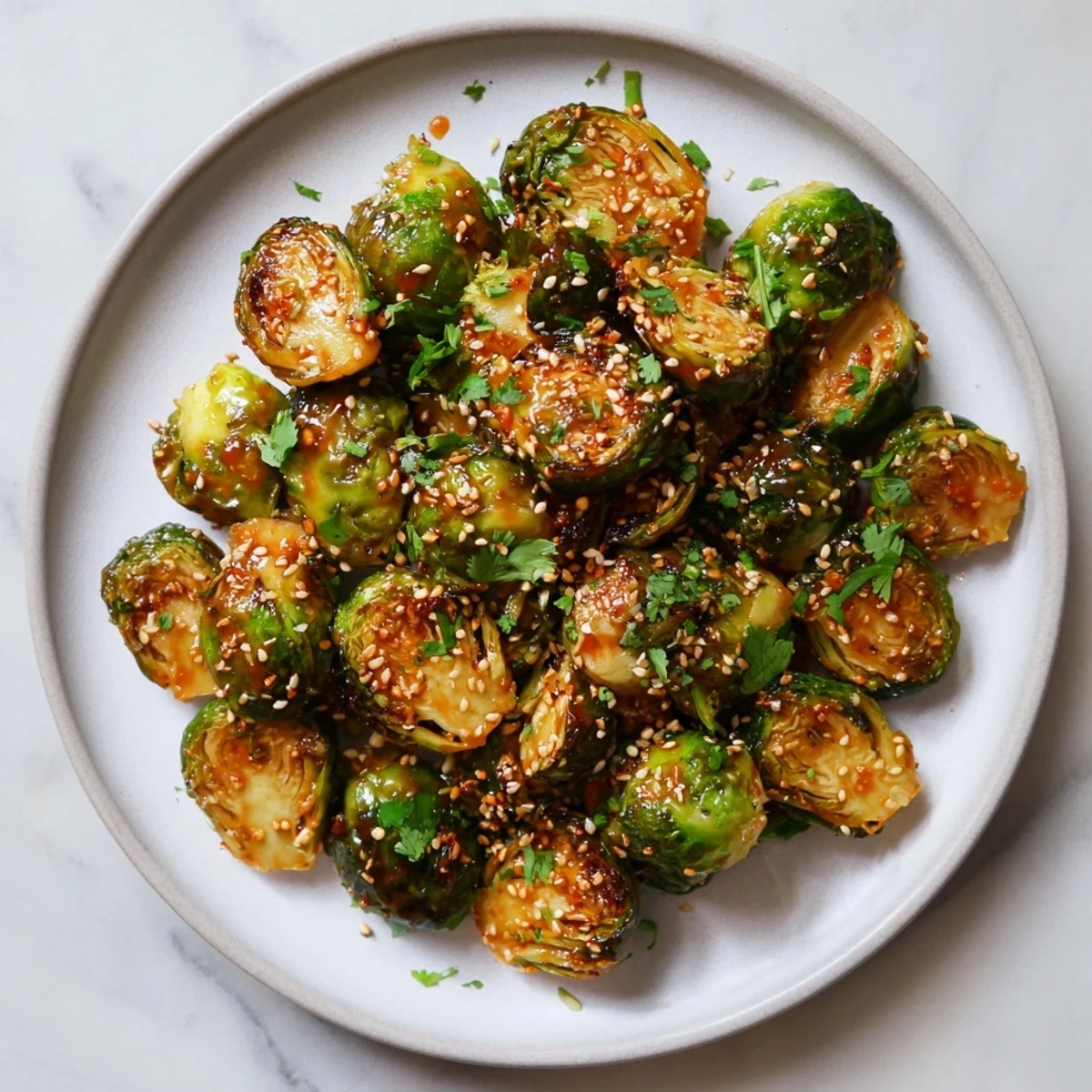 Golden-brown crispy Honey Sriracha Brussels Sprouts glistening with a sweet spicy glaze on a serving platter.