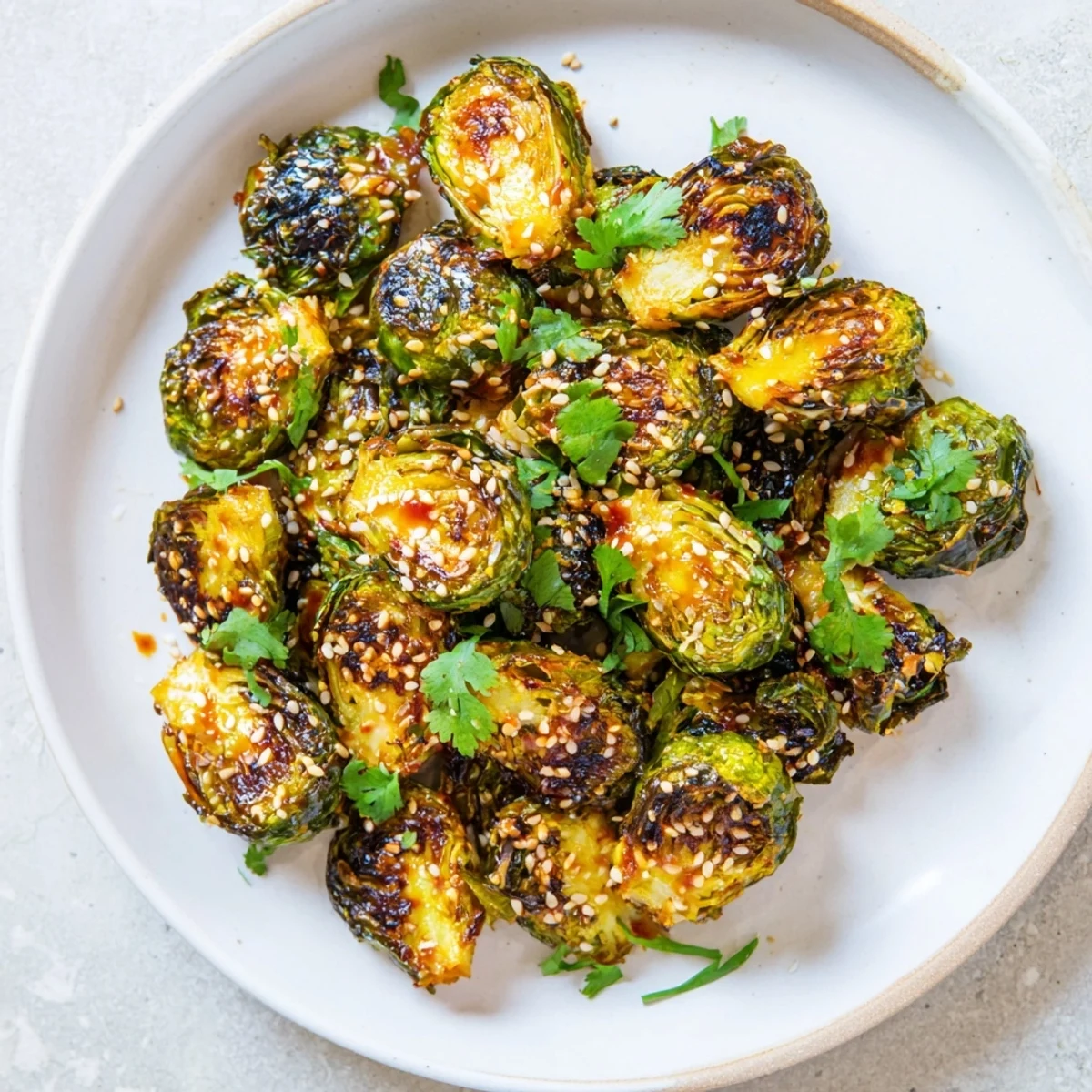 Fresh Honey Sriracha Brussels Sprouts with a sticky glaze ready to be enjoyed as an appetizer.