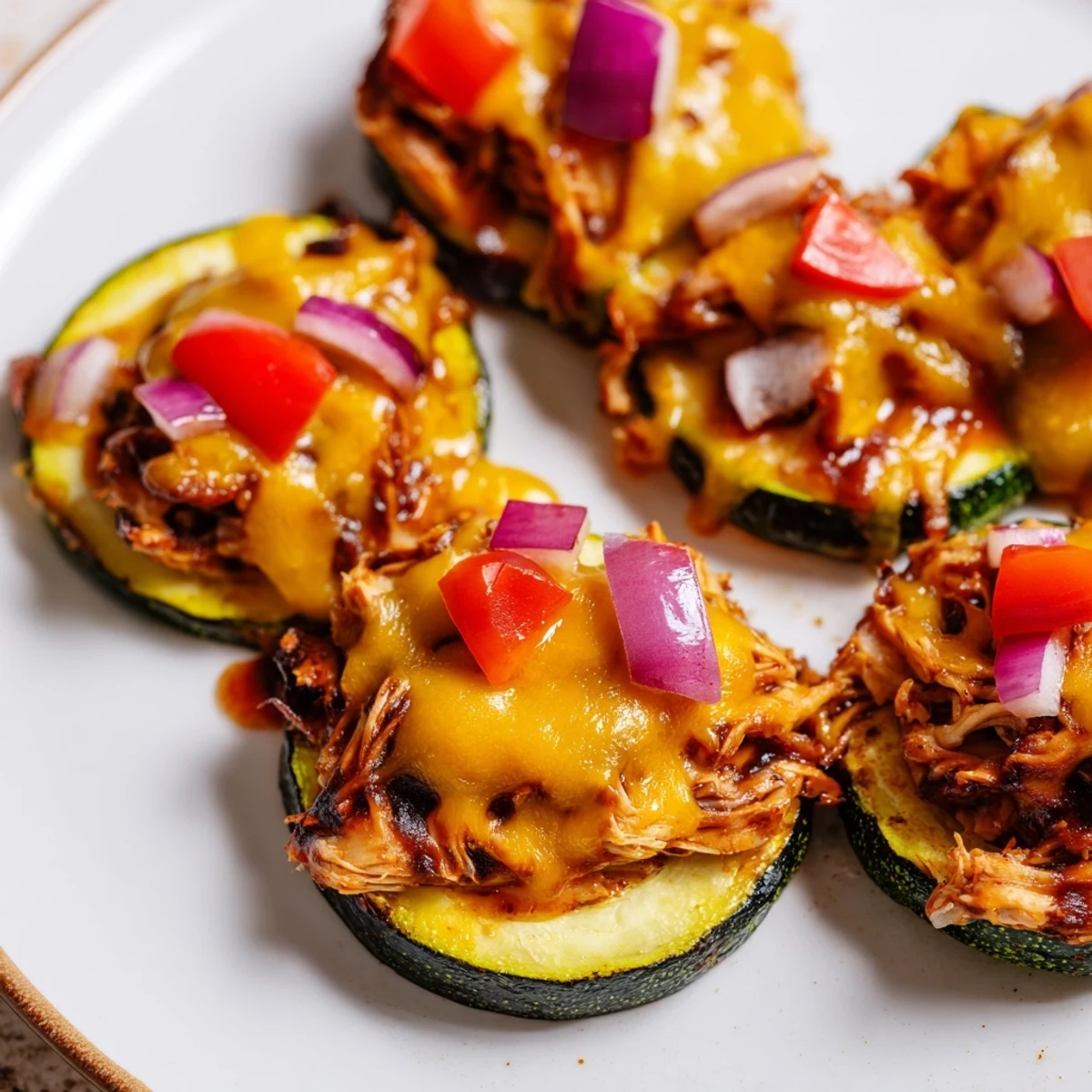 Roasted golden zucchini rounds topped with smoky BBQ chicken and melted cheese for Cheesy BBQ Chicken Zucchini Nachos.