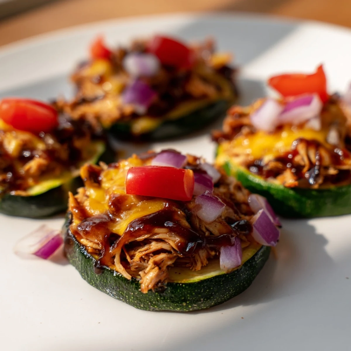 A close-up of Cheesy BBQ Chicken Zucchini Nachos garnished with fresh cilantro, diced tomatoes, and jalapeño slices.