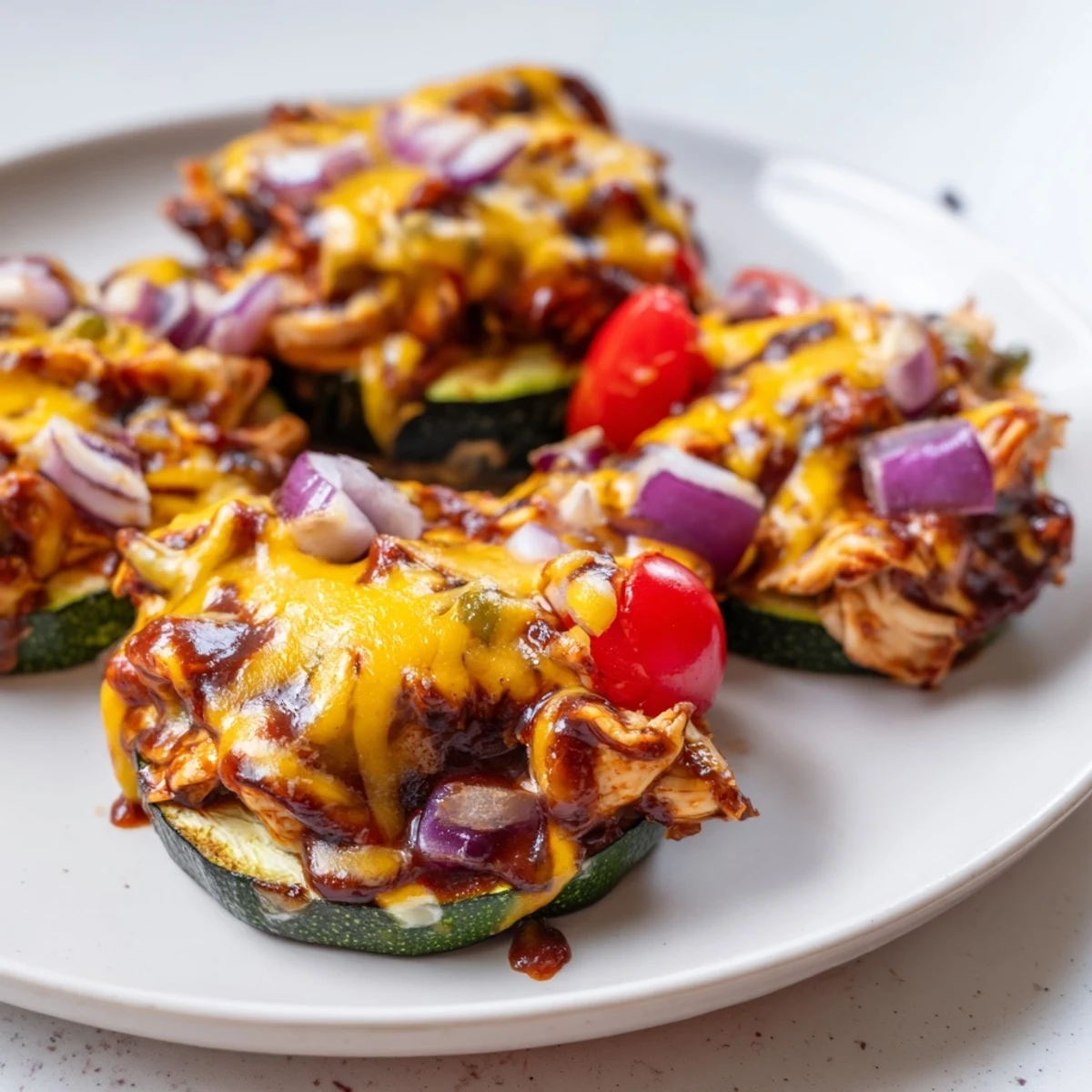 Freshly baked Cheesy BBQ Chicken Zucchini Nachos served with lime wedges and a dollop of sour cream.
