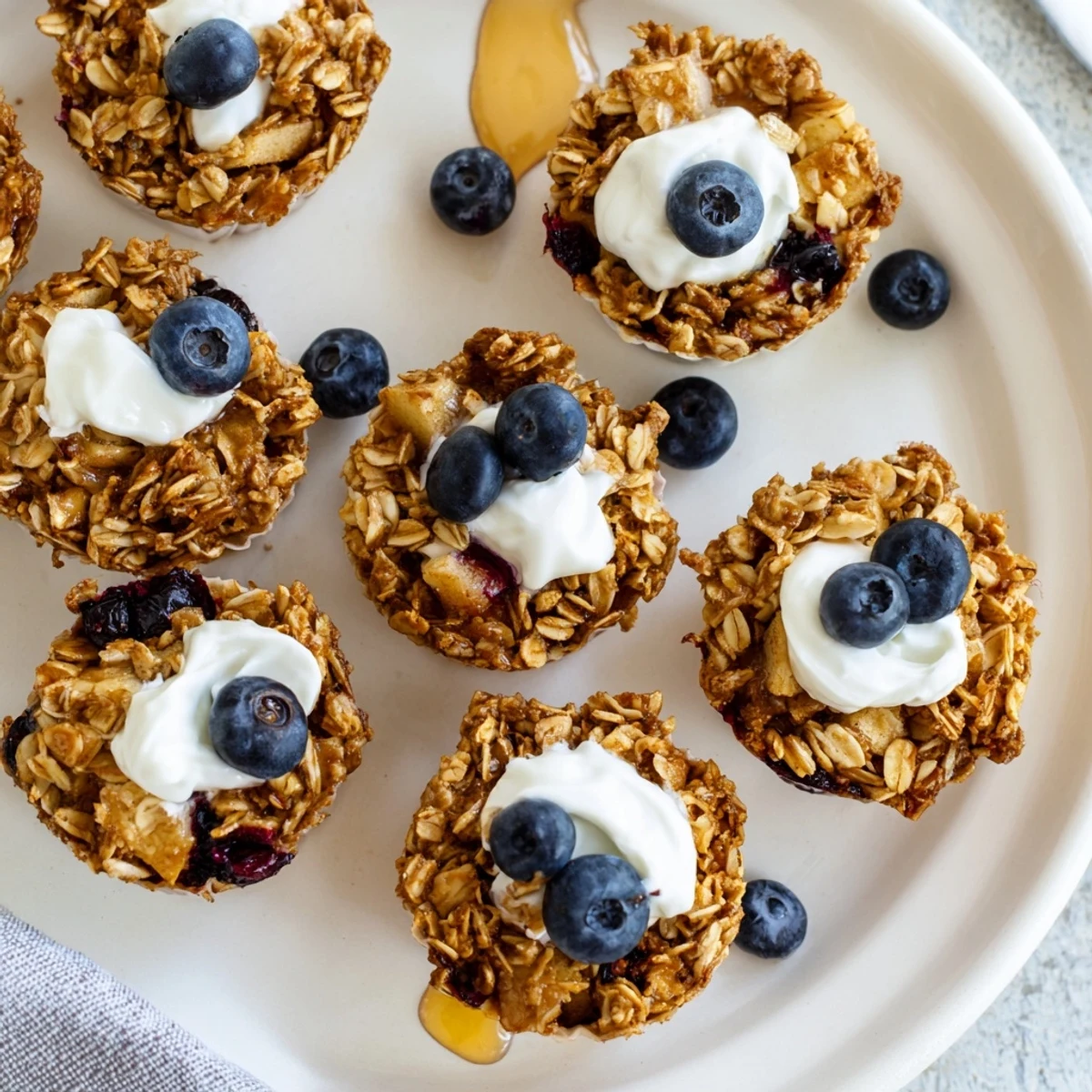 Golden-brown Baked Oatmeal Cups with Greek Yogurt are arranged in a muffin tin, topped with creamy yogurt and fresh berries.