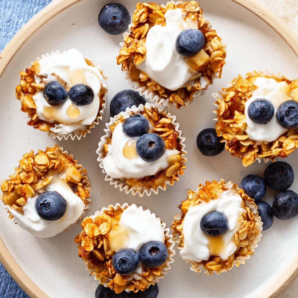 A close-up of Baked Oatmeal Cups with Greek Yogurt shows textured oats, creamy dollops of yogurt, and vibrant sliced strawberries.