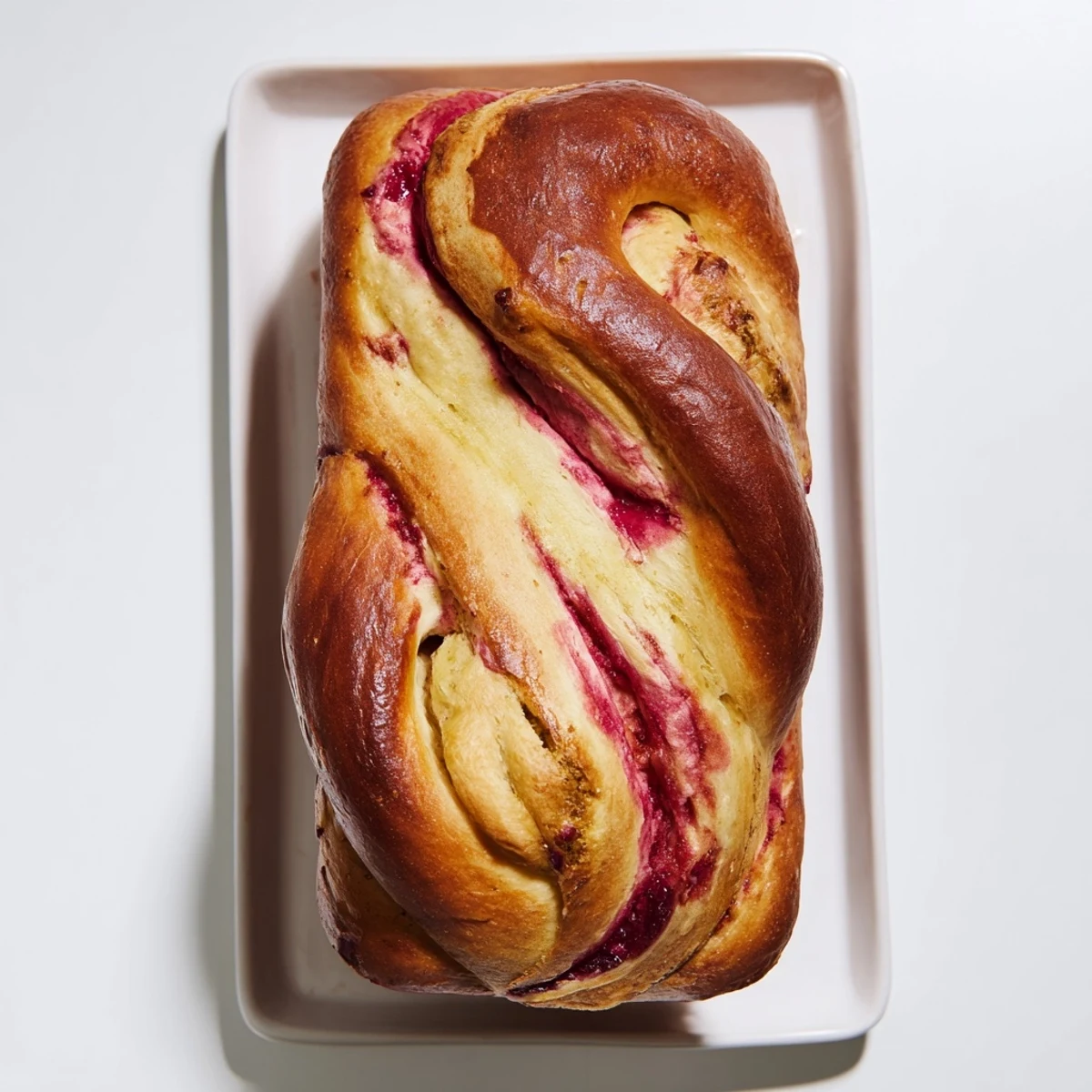 Freshly baked Raspberry Swirl Brioche Loaf with golden crust and visible jam layers, served on a wooden cutting board.