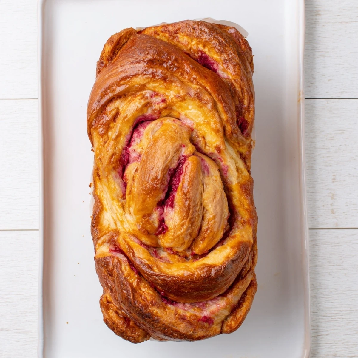 Golden-brown Raspberry Swirl Brioche Loaf cooling on a wire rack, revealing colorful jam spirals inside the tender crumb.