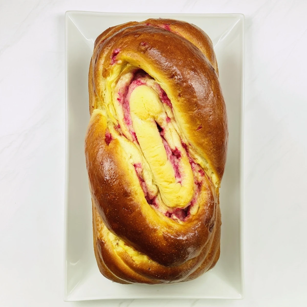 Slice of Raspberry Swirl Brioche Loaf with soft butter and fresh berries, perfect for a cozy breakfast or snack.