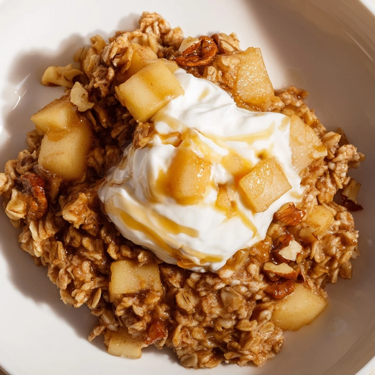 A warm square of Baked Apple Oatmeal with Greek Yogurt, featuring tender baked oats, cinnamon-spiced apples, and a creamy dollop of tangy yogurt for a cozy American breakfast.