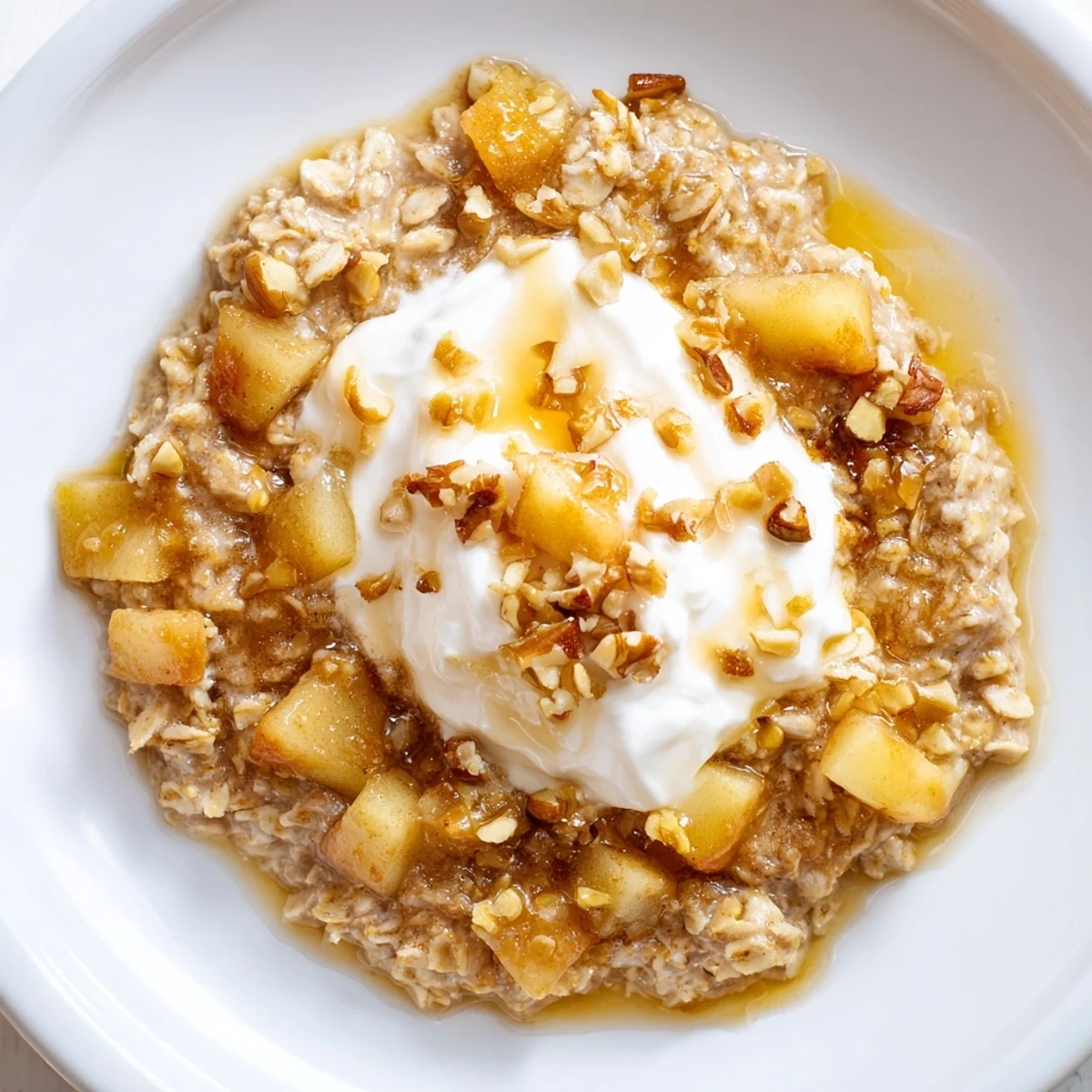 Fresh from the oven, this wholesome Baked Apple Oatmeal With Greek Yogurt reveals golden oats studded with soft apple pieces and a rich, sweet yogurt topping.