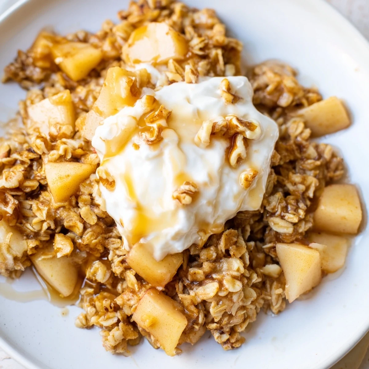 This comforting serving of Baked Apple Oatmeal With Greek Yogurt displays hearty baked oats, warm cinnamon apples, and a drizzle of maple syrup over creamy yogurt.
