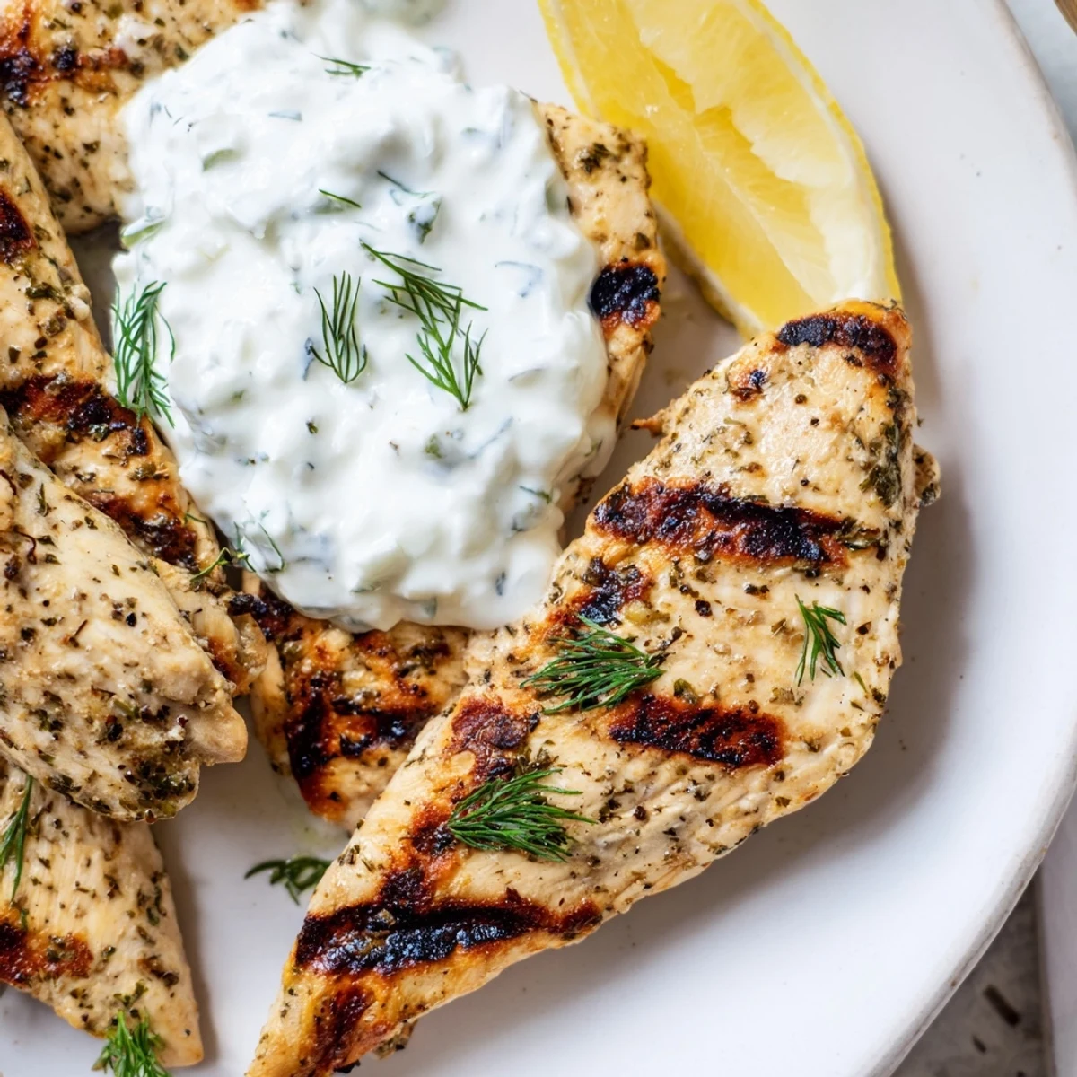 Grilled Delicious Greek Chicken Tenders with yogurt dipping sauce and lemon wedges on a rustic plate.