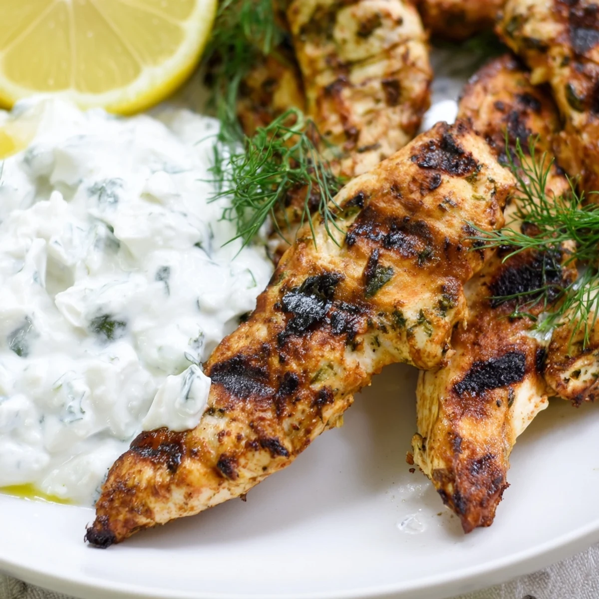 Juicy Delicious Greek Chicken Tenders served with cucumber yogurt sauce and fresh parsley garnish.