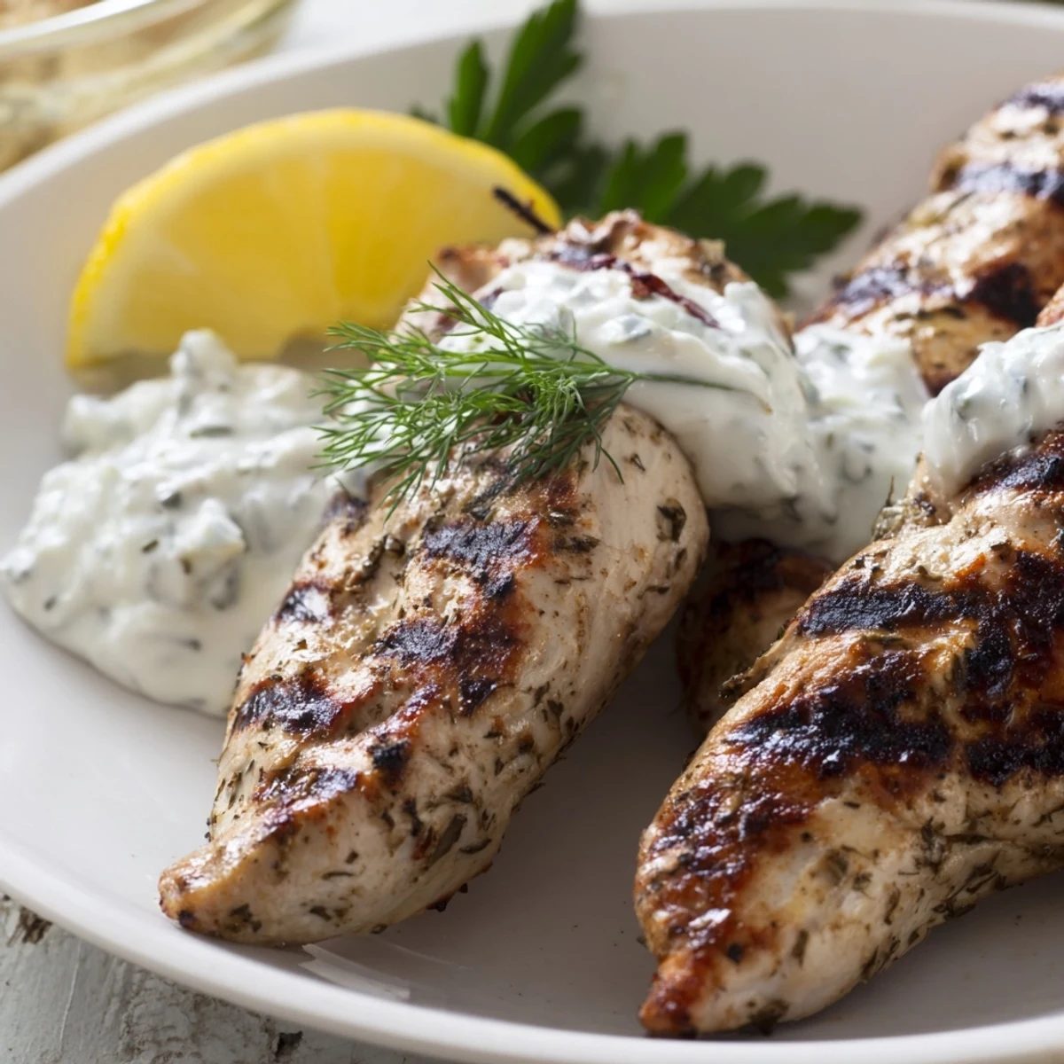 Hot Delicious Greek Chicken Tenders on a platter with herbs and a side of creamy dip.