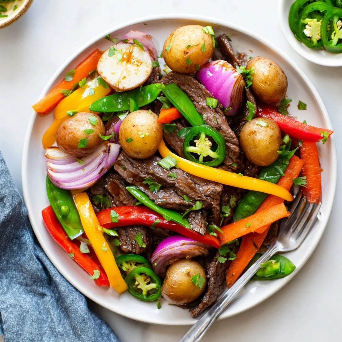 A close-up of the Blackstone Cowboy Stir Fry Dinner sizzling on a griddle, featuring colorful peppers, onions, and seared beef.