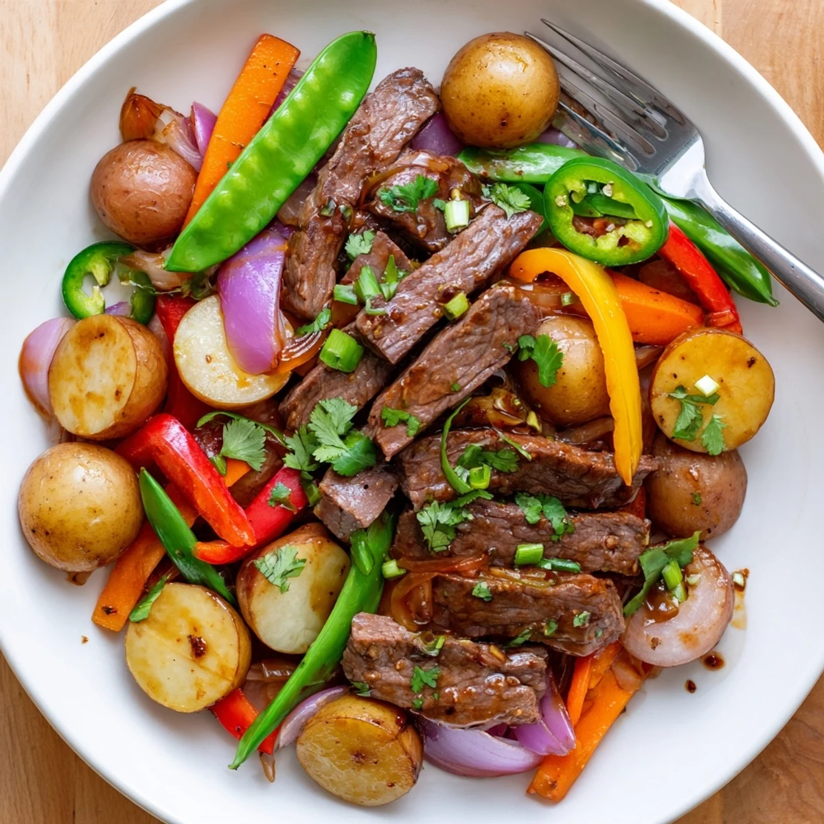 Plated Blackstone Cowboy Stir Fry Dinner with tender beef, crisp snap peas, and golden potatoes, ready for a family-style dinner.