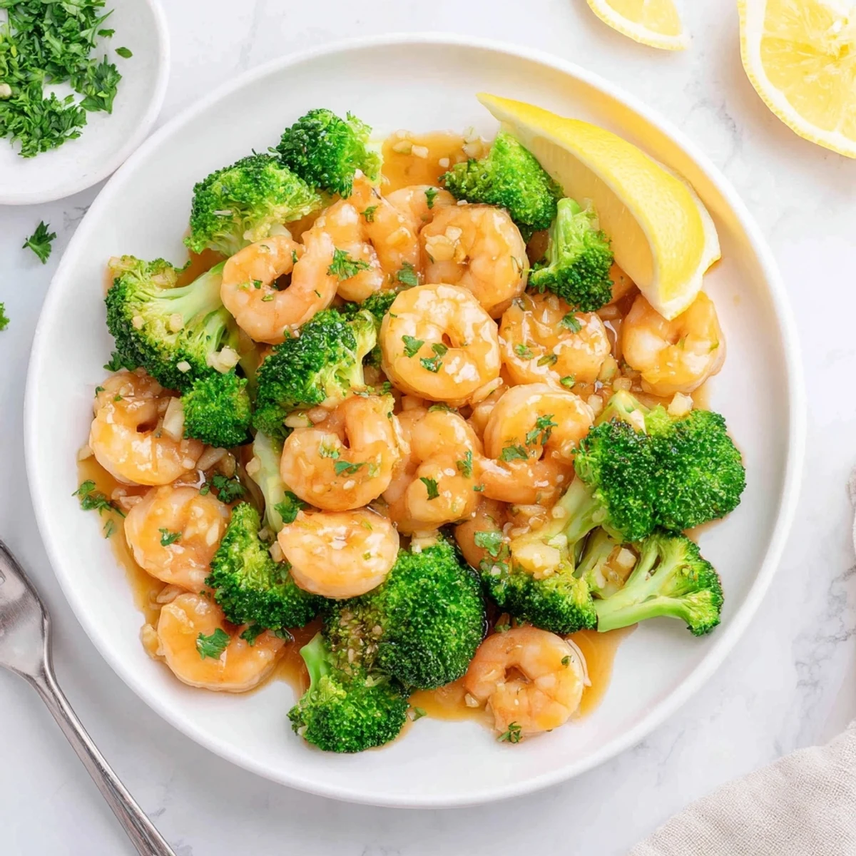 A close-up shows glazed honey garlic butter shrimp and broccoli, garnished with parsley and lemon wedges.