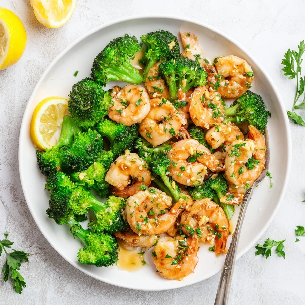 Succulent honey garlic butter shrimp with bright green broccoli florets served over fluffy white rice.
