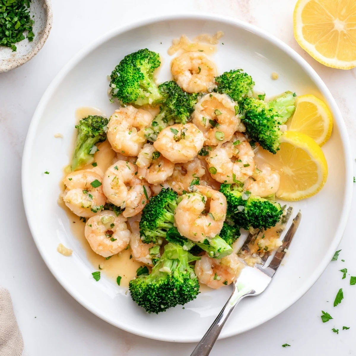Glossy honey garlic butter sauce coats tender shrimp and crisp broccoli on a dinner plate.