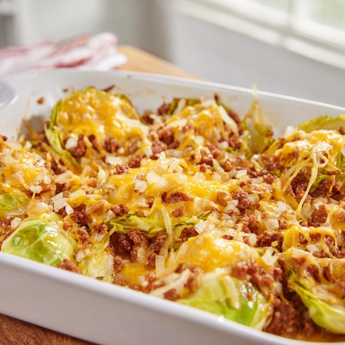 Easy Crispy Cabbage Burger Bake emerges from the oven with bubbly cheese and crispy cabbage edges.