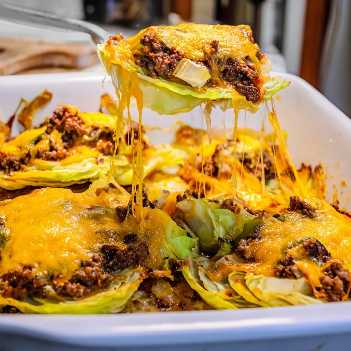 A hearty serving of Easy Crispy Cabbage Burger Bake topped with fresh pickles and green onions.