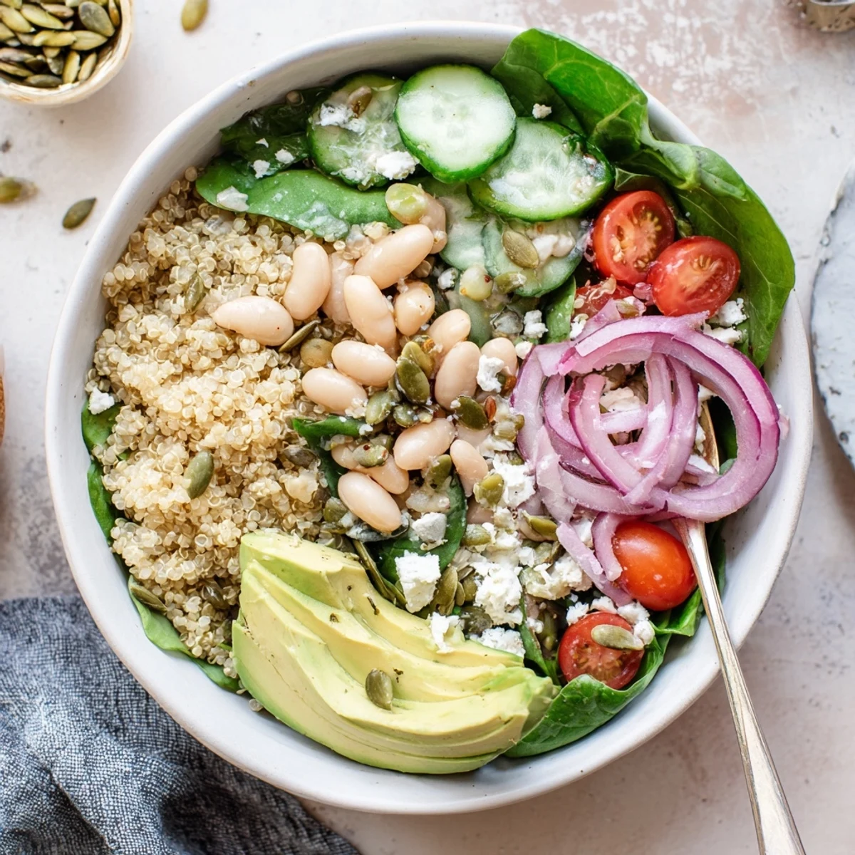 A close-up of the Spinach & White Bean Ultimate Protein Power Bowl shows crumbled feta and toasted pumpkin seeds topping the wholesome, gluten-free lunch.