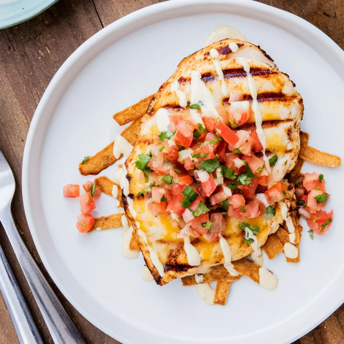 Juicy Fiesta Lime Chicken breasts grilled with char marks, topped with melted Mexican cheese blend and drizzled with creamy Mexi-ranch sauce.  
