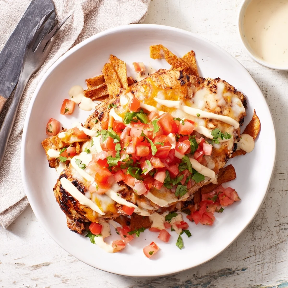 Golden Fiesta Lime Chicken served alongside fresh pico de gallo and crunchy tortilla strips for a festive Tex-Mex dinner plate.  