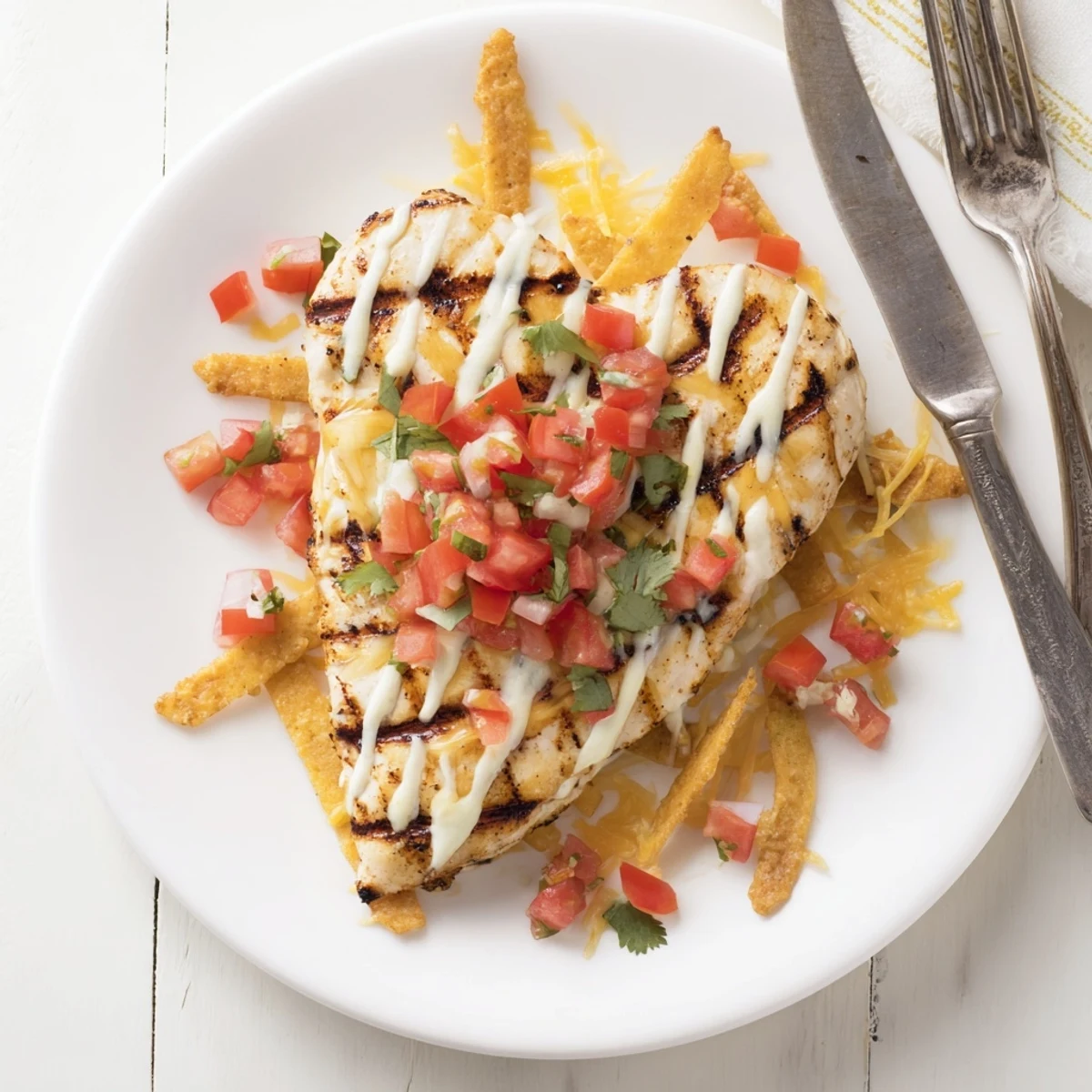 A close-up view of tender Fiesta Lime Chicken broiled with bubbly cheese, garnished with lime wedges and vibrant red salsa.