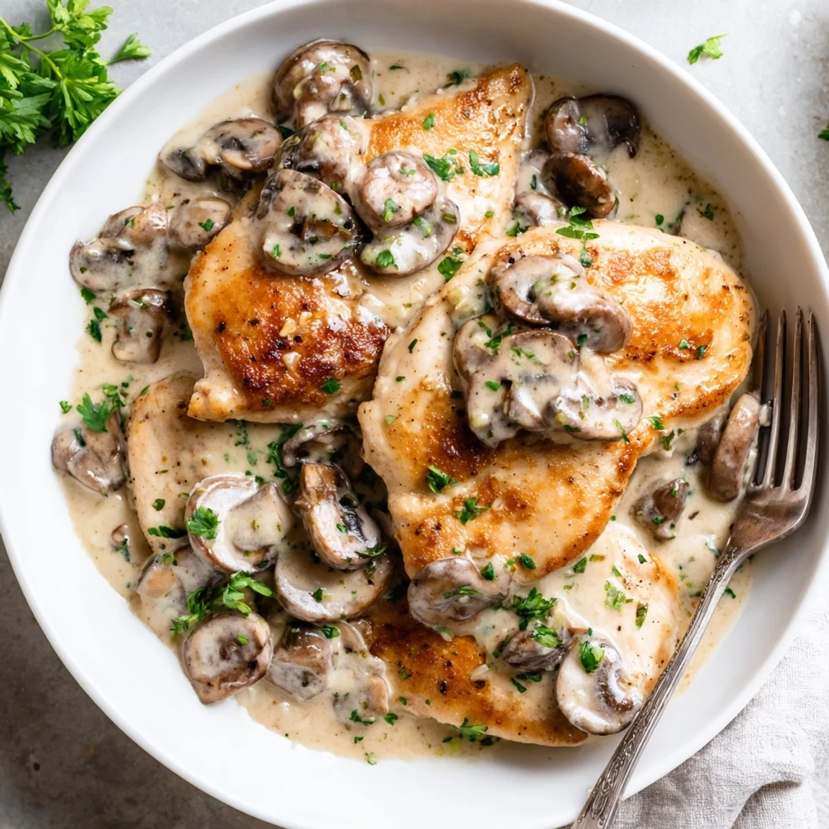 Golden-brown chicken breasts covered in a creamy mushroom Asiago cheese sauce, ready to serve.