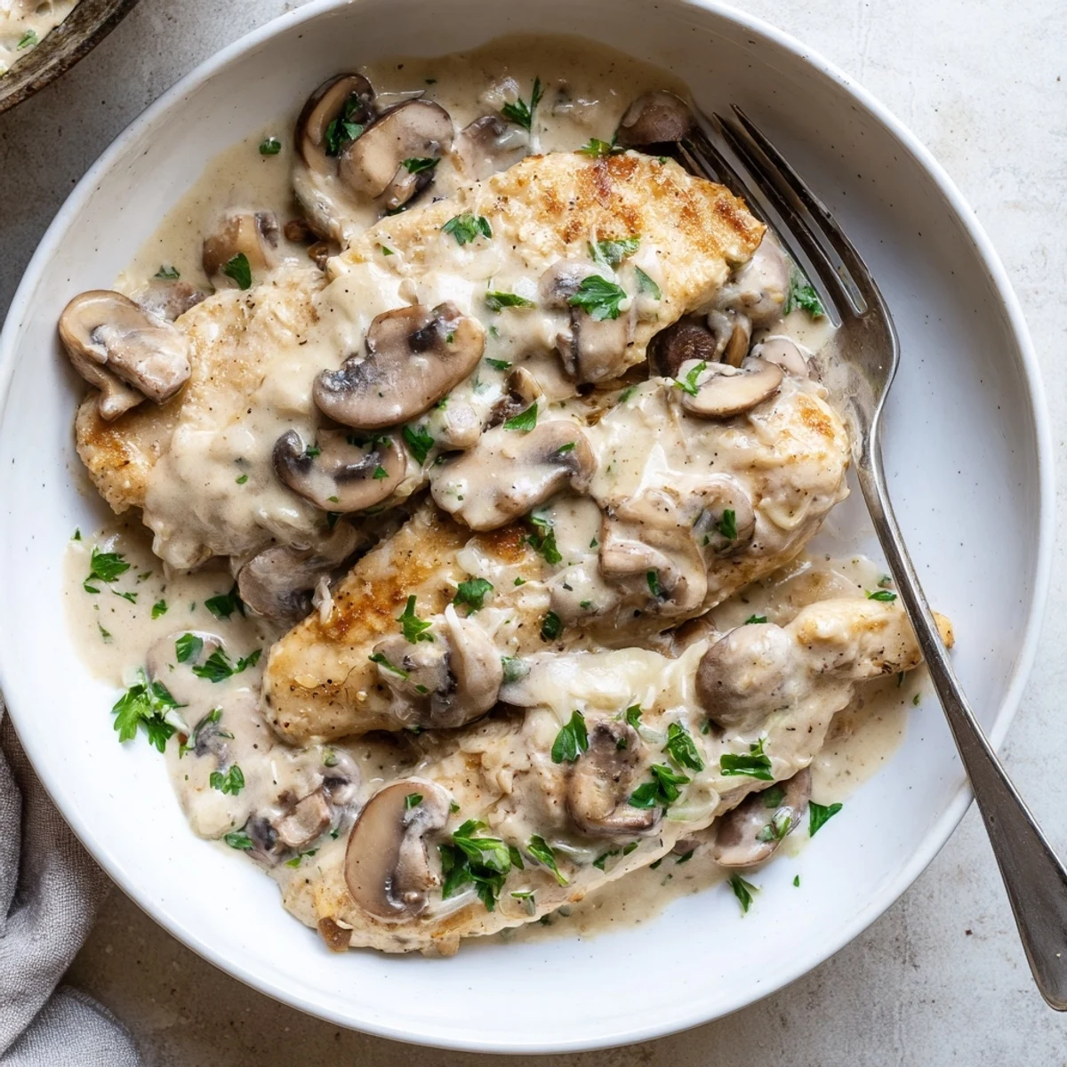A close-up of tender chicken breasts coated in a rich mushroom Asiago cheese sauce.