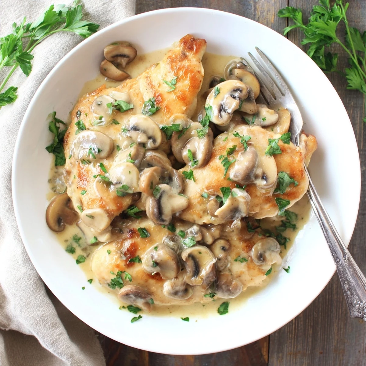 Warm plated dish of chicken in a savory mushroom Asiago sauce, garnished with fresh parsley.