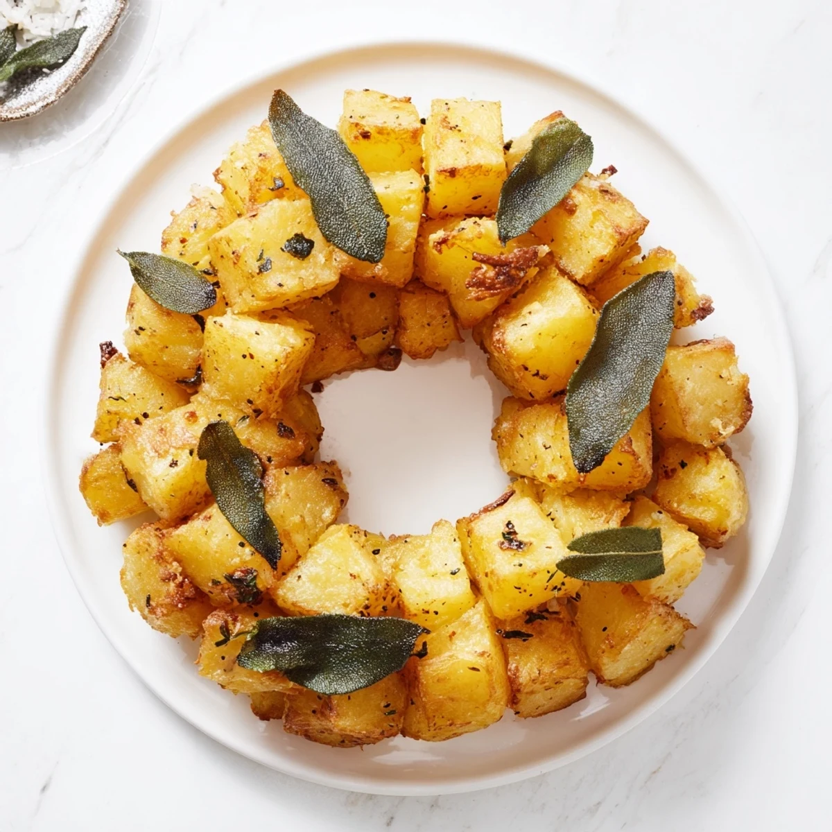 A close-up of the garlic roast potato and sage wreath, golden and crisp, garnished with fresh sage leaves on a festive table.