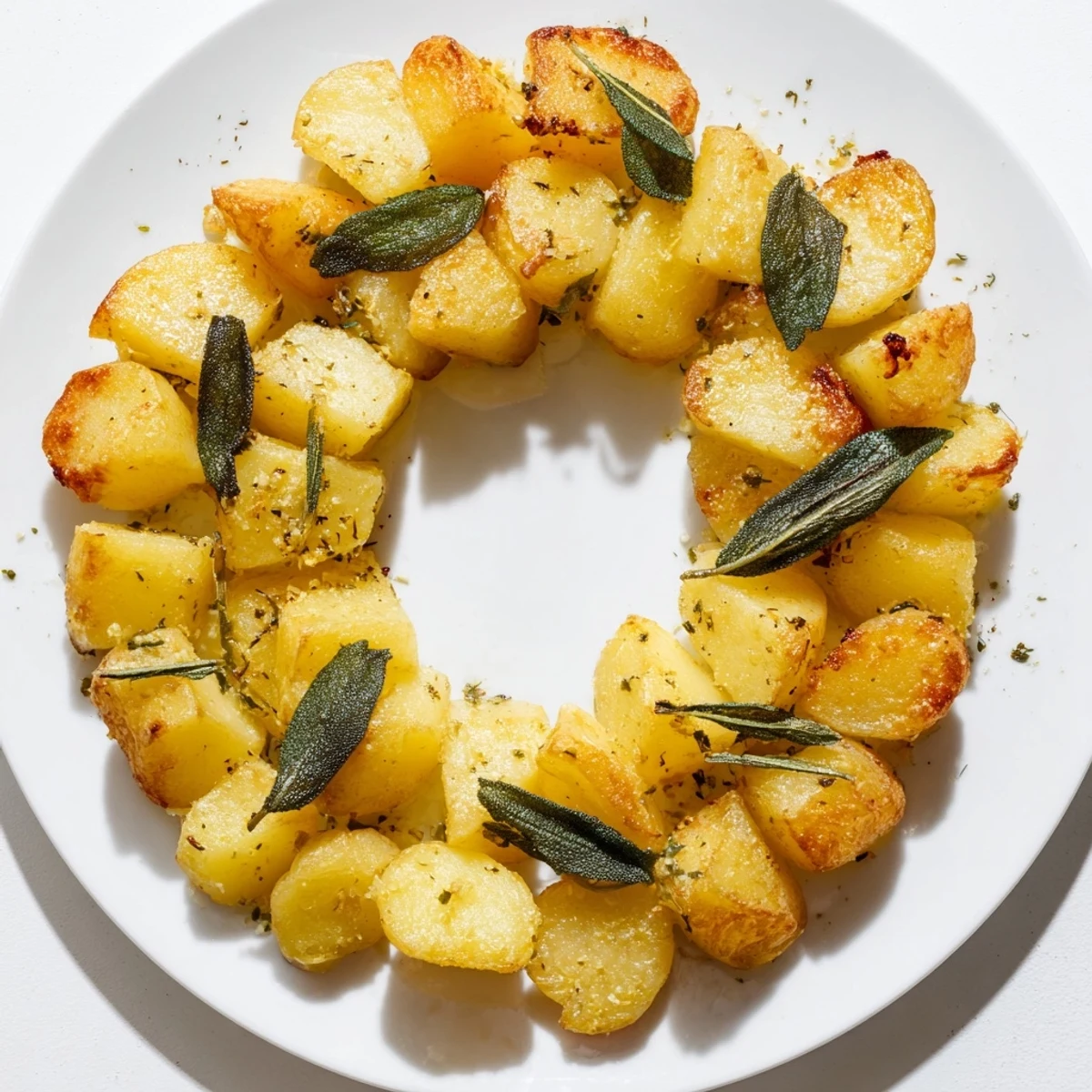 Garlic roast potato and sage wreath baked to golden perfection, arranged in a ring and served hot from the oven.