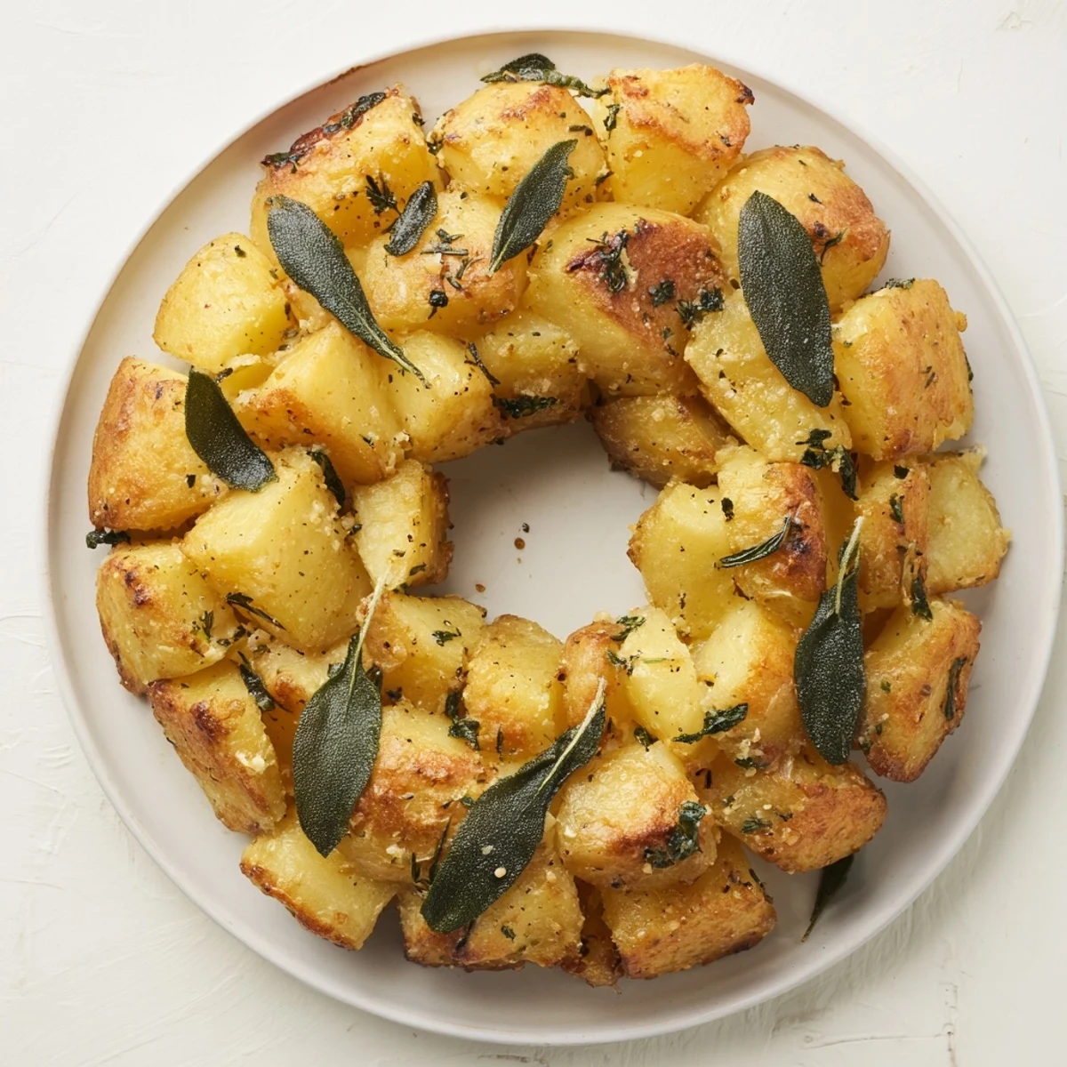 This garlic roast potato and sage wreath features crispy Yukon Gold potatoes with garlic and sage, perfect for a holiday meal.