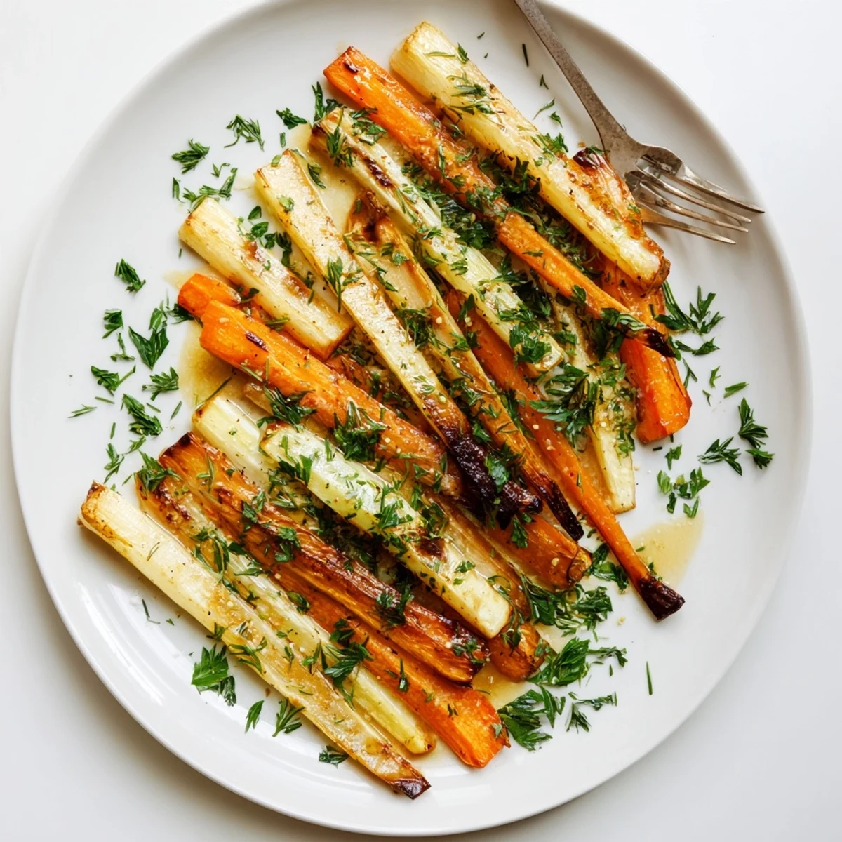 Golden roasted Tarragon and Honey Parsnips and Carrots served warm as a caramelized side dish.
