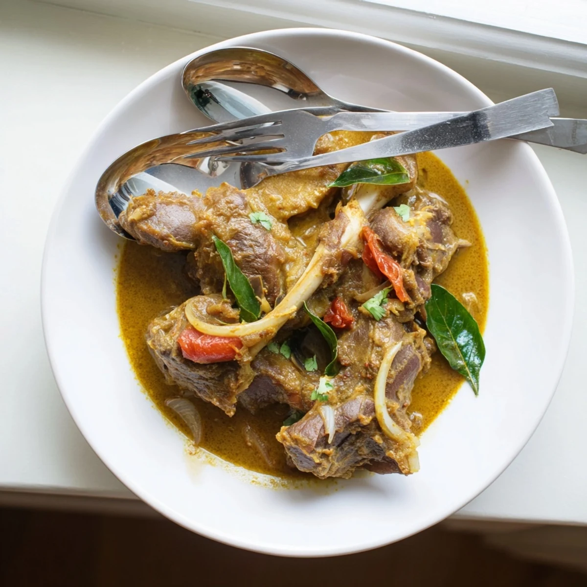 Tender lamb shanks simmered in a rich Sri Lankan Lamb Shank Curry, served steaming hot alongside fluffy rice.