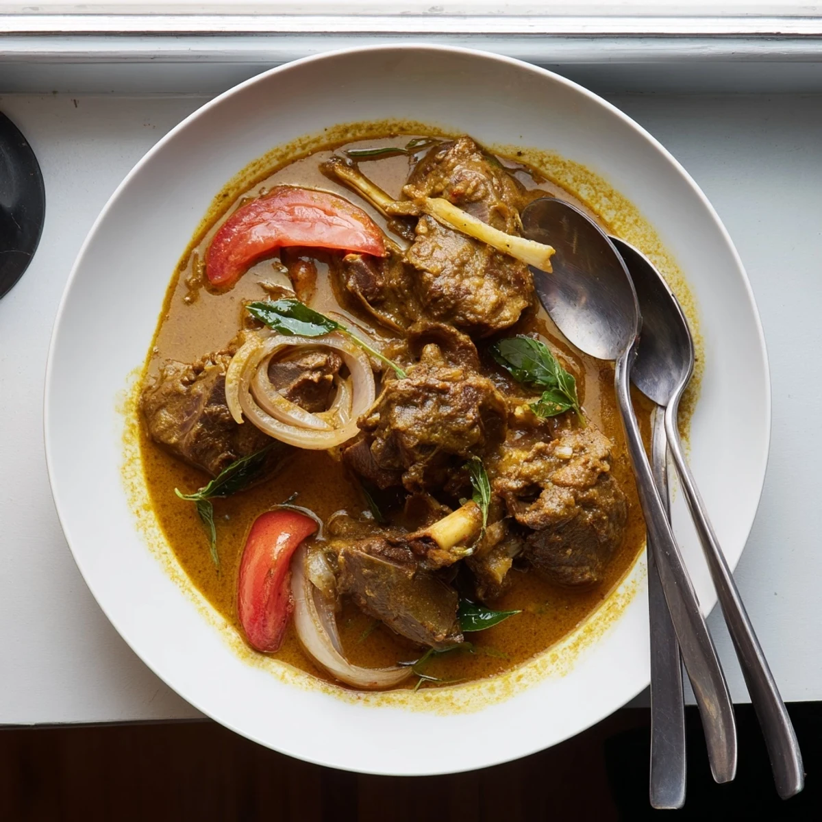 The fragrant Sri Lankan Lamb Shank Curry glows with coconut milk and spices, garnished with fresh coriander leaves.