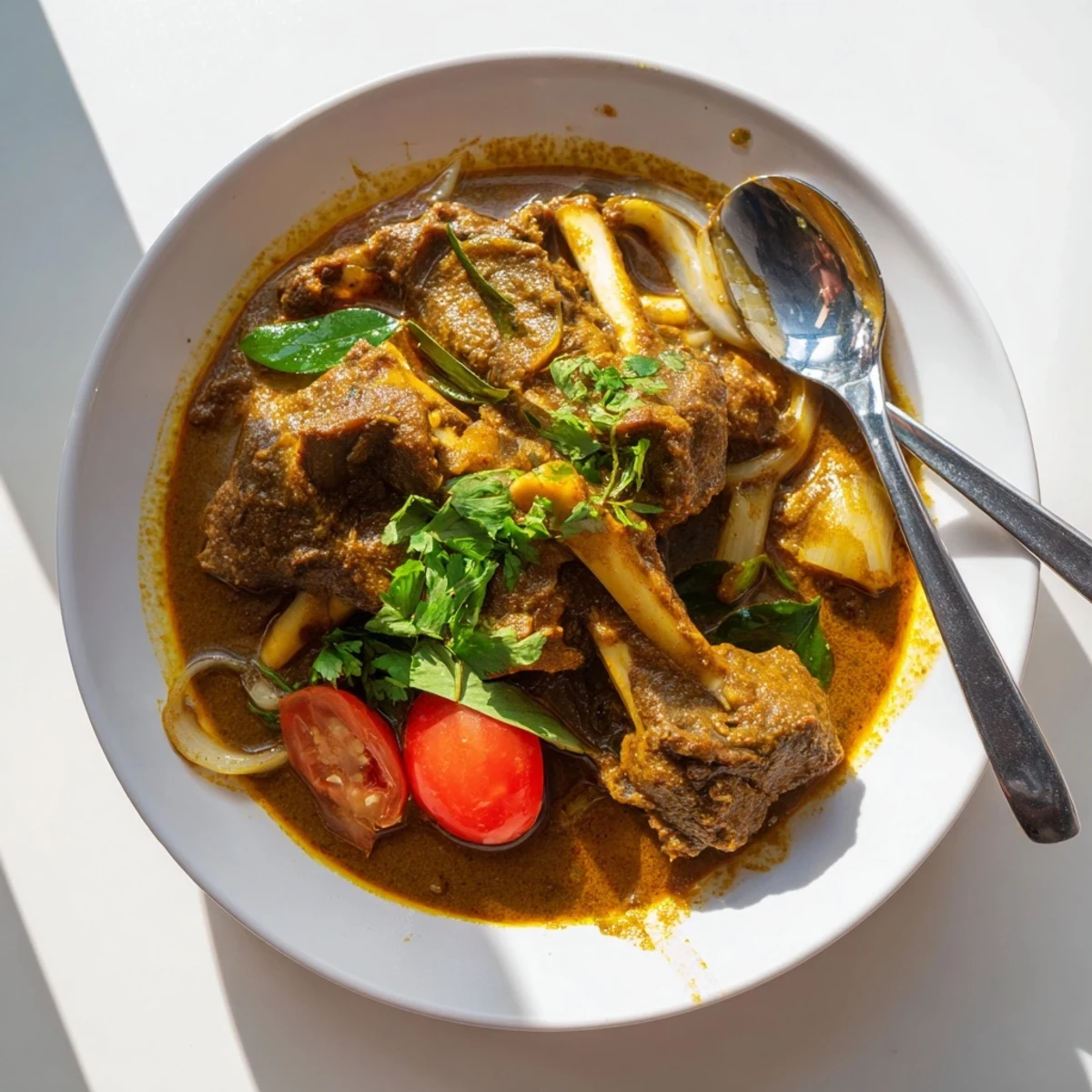 A close view of succulent meat in Sri Lankan Lamb Shank Curry, with bright chilies and warm, inviting sauce.